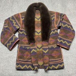Vintage Blue Duck Coat Womens Large Brown Wool Fur Trim Southwestern Aztec
